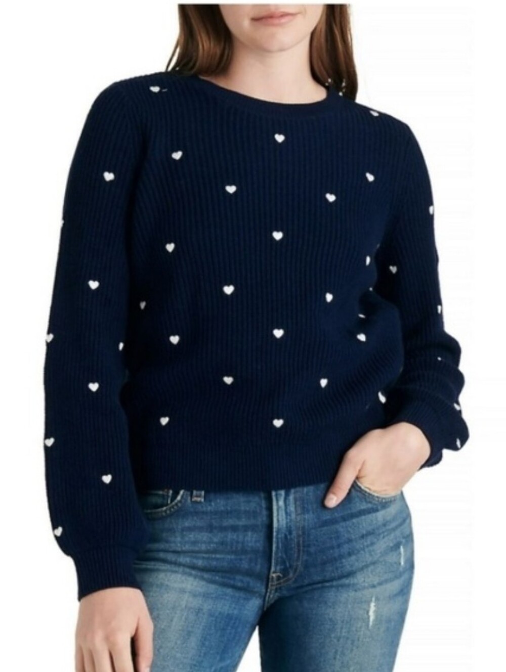 Lucky Brand Navy Sweater With Embroidered Hearts All Over